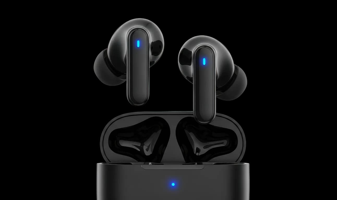 AuraSound Nova earbuds rising from their charging case