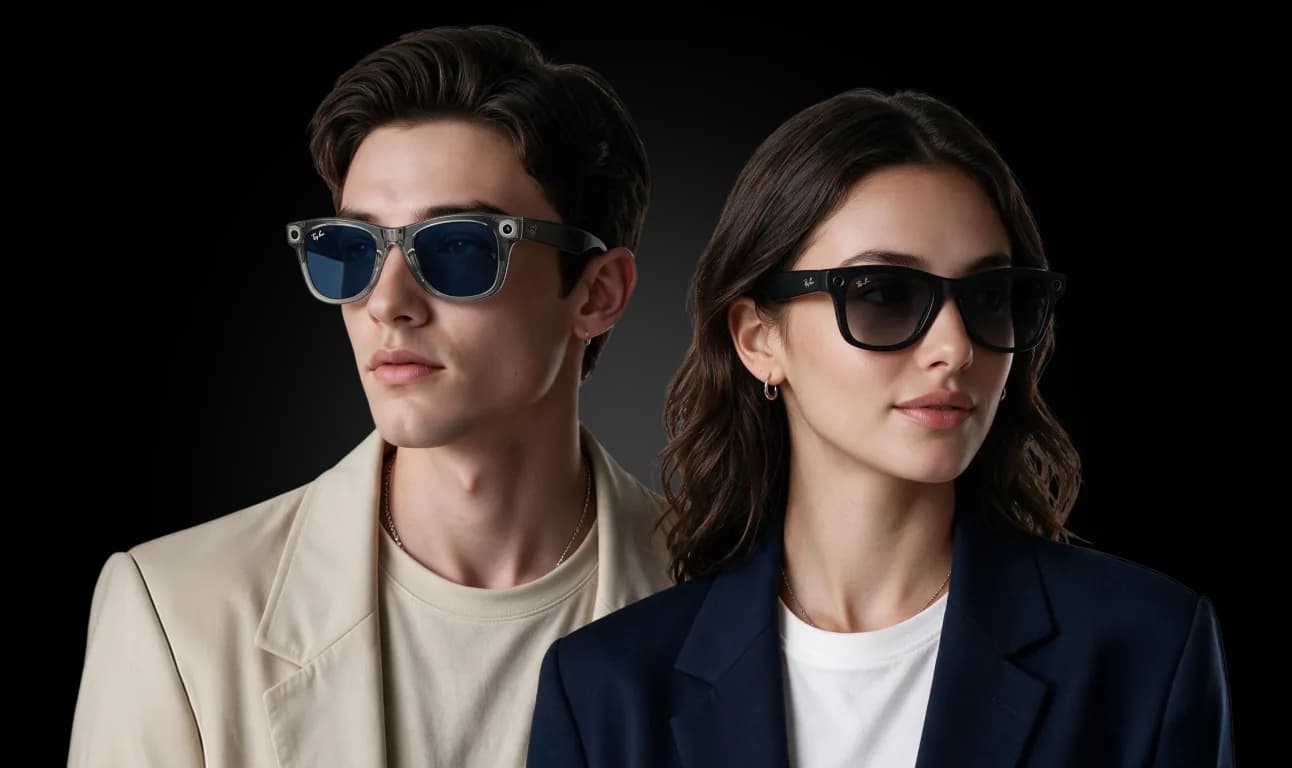 Two people wearing Ray-Ban Meta smart glasses
