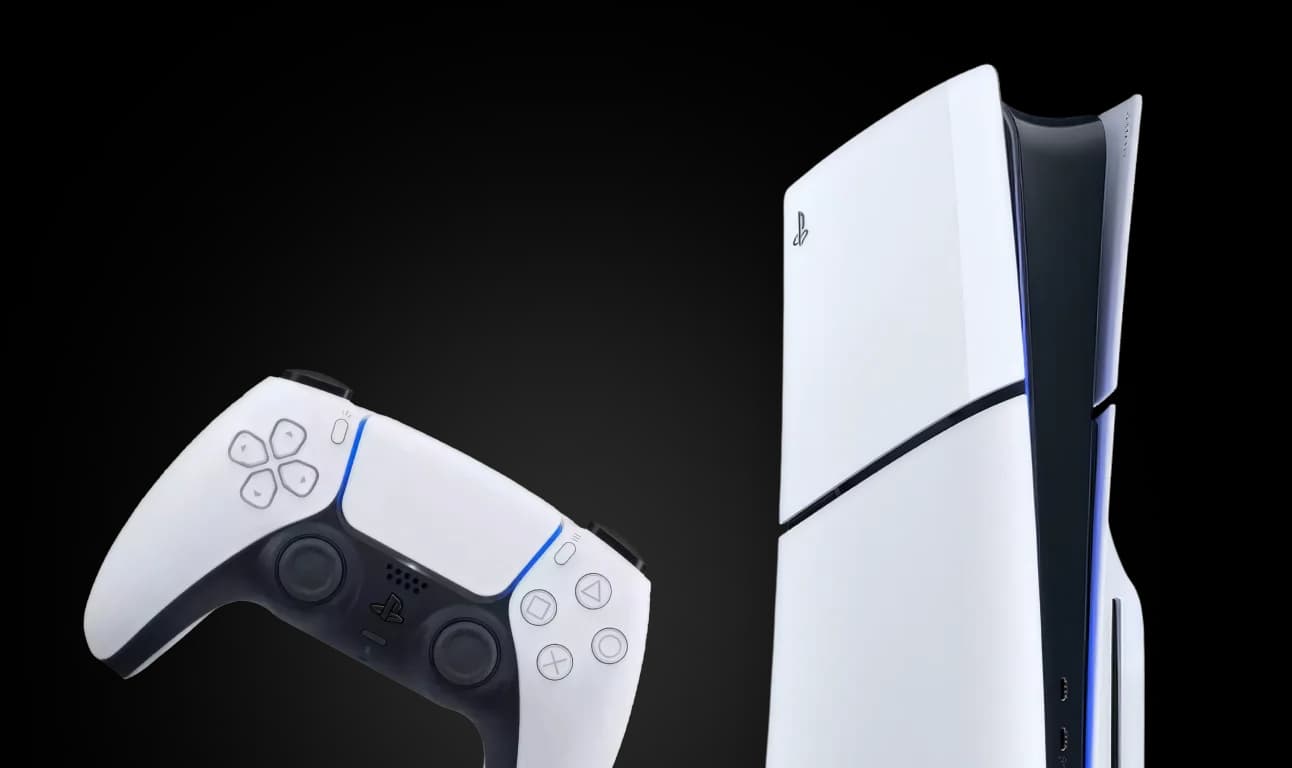 PlayStation 5 Slim console beside a DualSense controller
