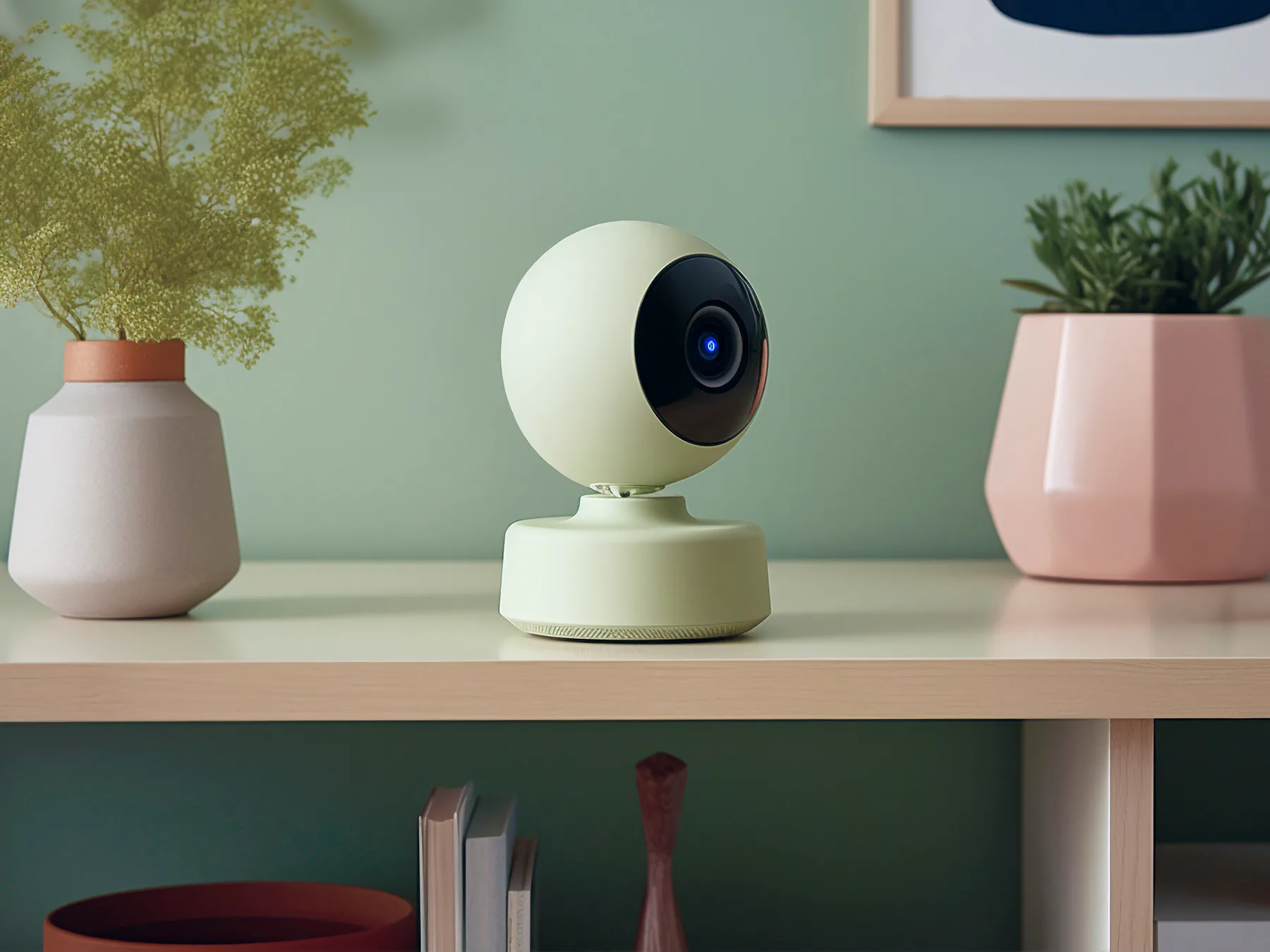 A round pale green home camera on a wooden shelf, between a dried flower vase and a potted plant