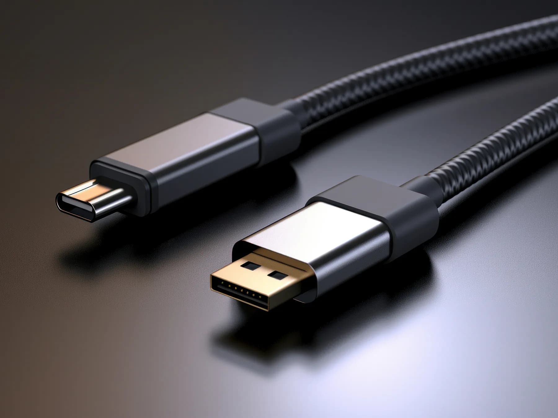 The 2 ends of a braided USB-C cable on a dark surface, connectors facing the camera