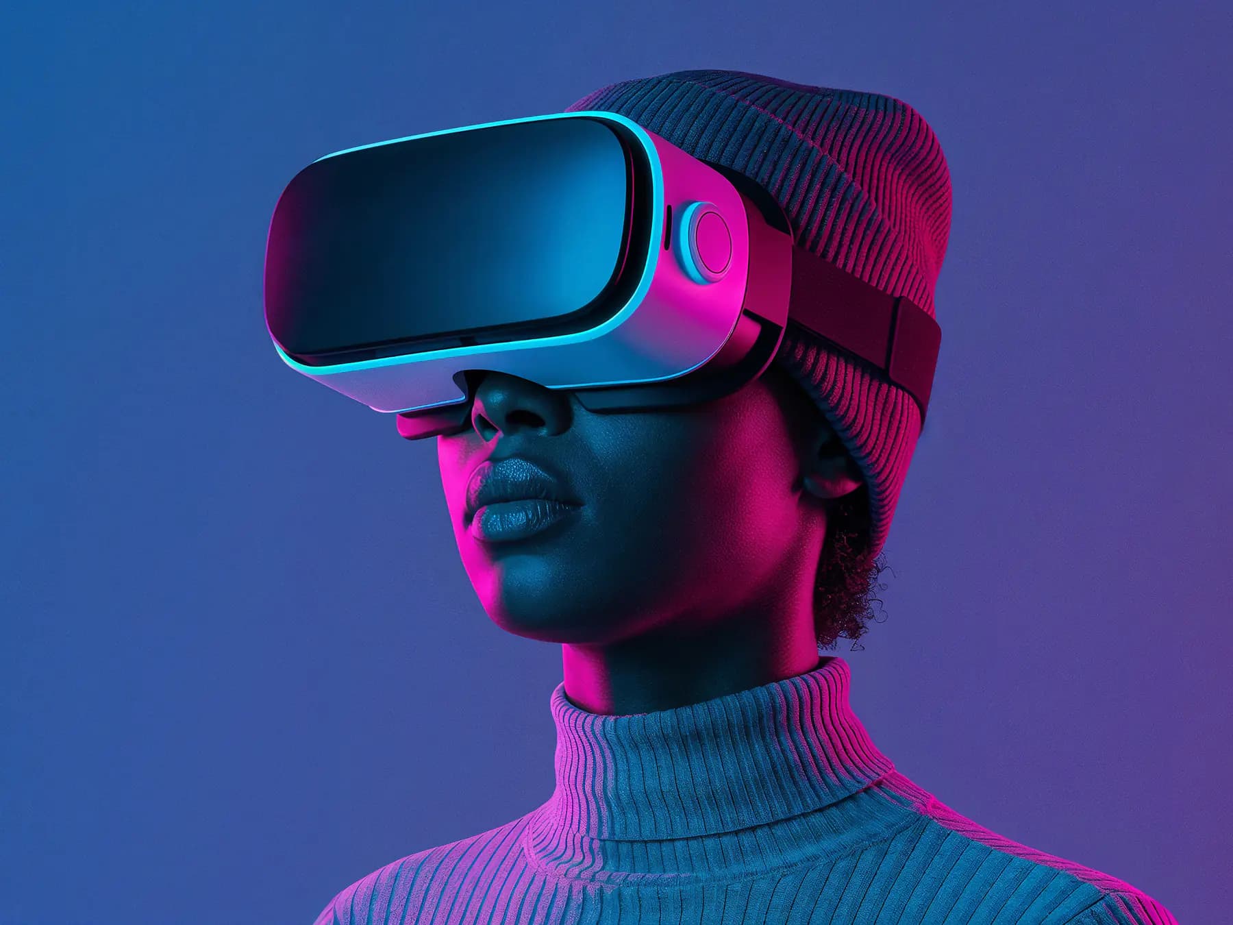 Someone in a VR headset and a beanie, lit pink and blue against a purple background