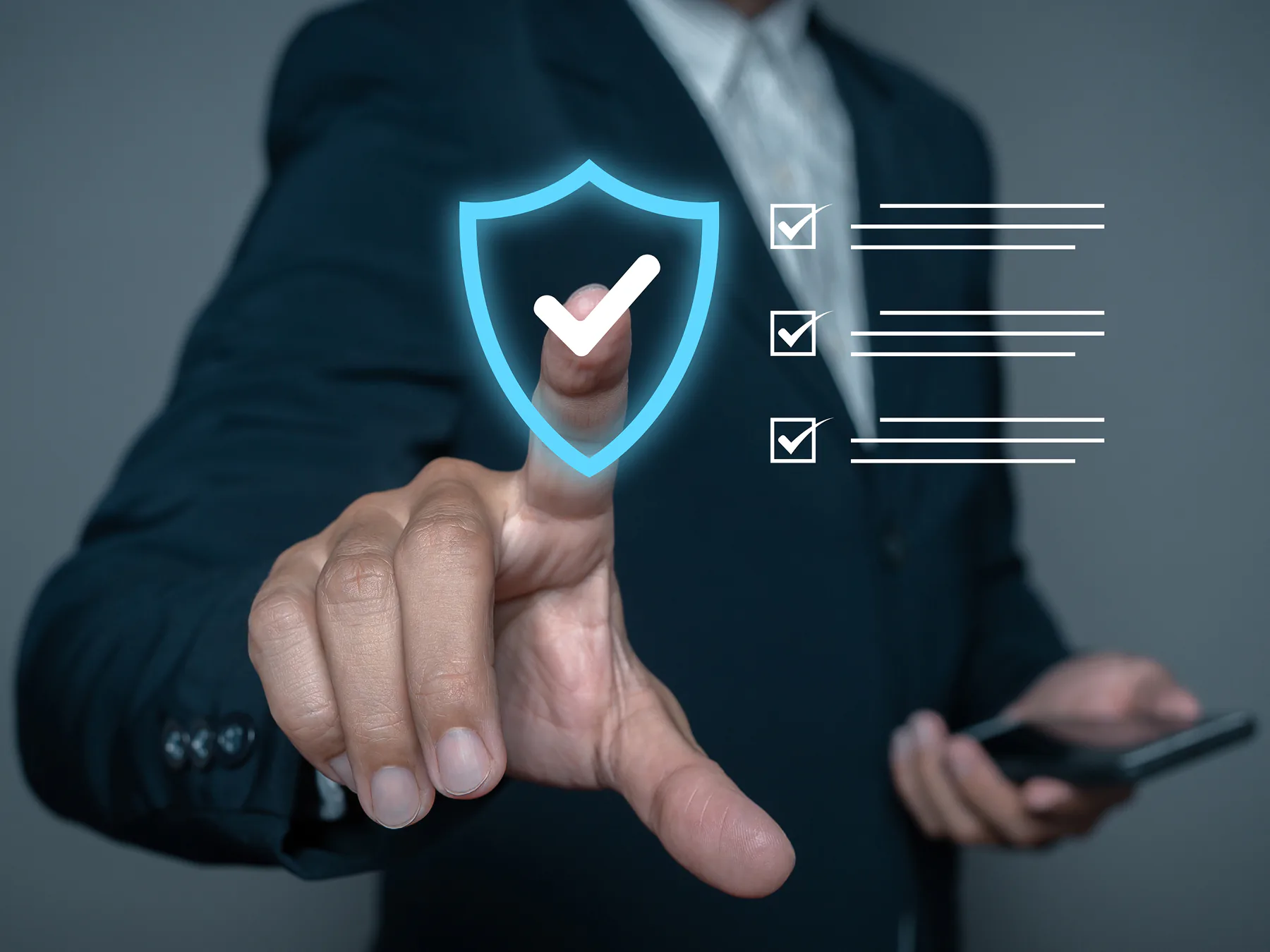 Someone tapping a glowing shield and check mark, beside a checklist of ticked boxes