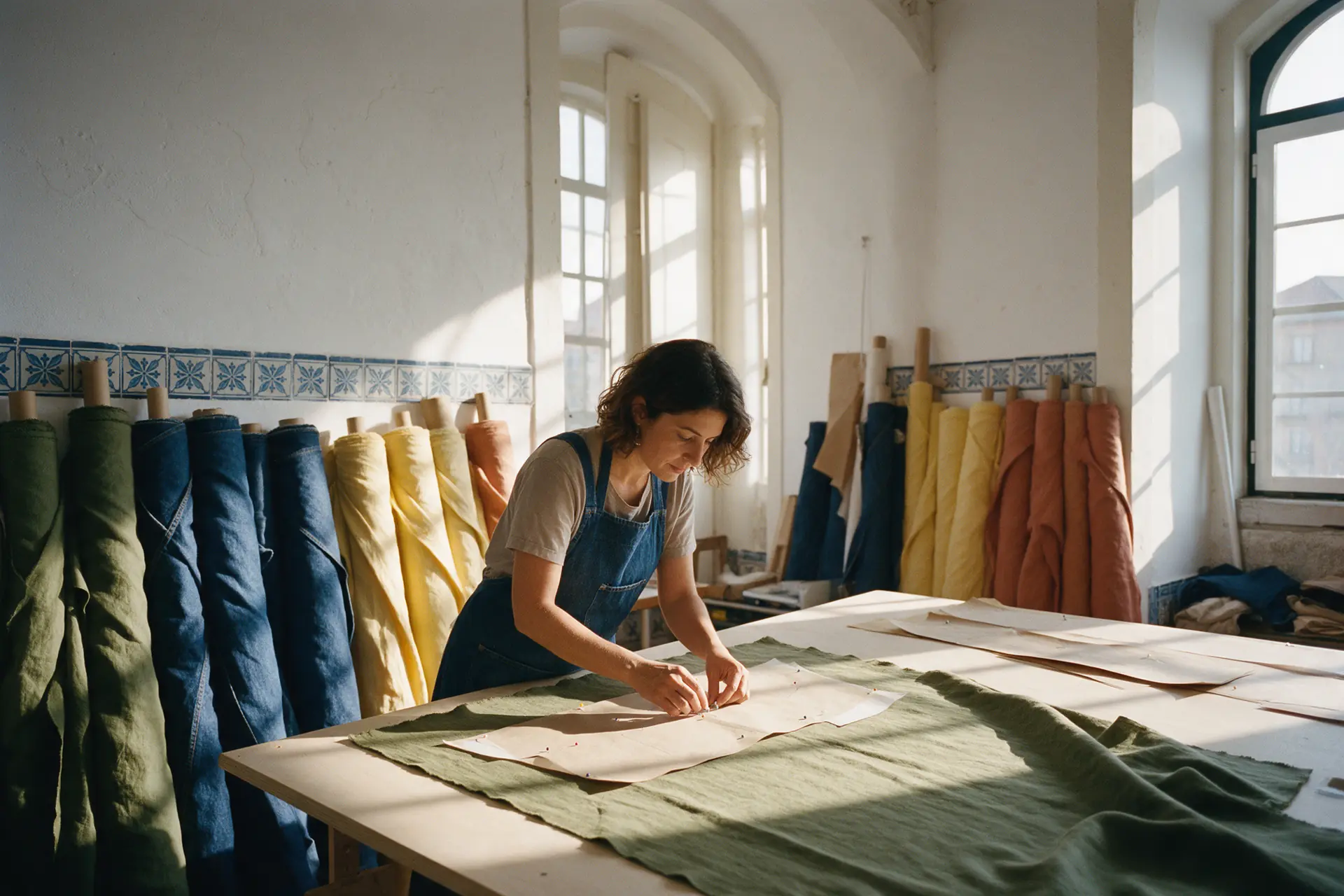 A seamstress pinning a paper pattern to olive linen on a long cutting table, bolts of colored cloth behind her