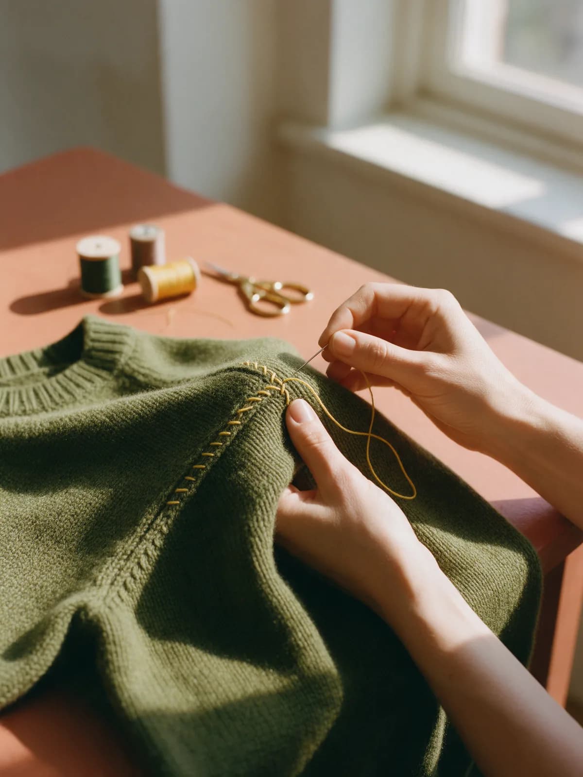 Hands sewing the shoulder seam of an olive knit sweater in yellow thread