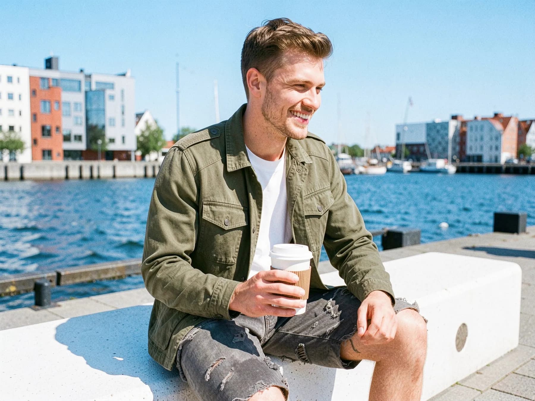 A man in a faded olive field jacket and white T-shirt on a harbor bench with a takeaway coffee