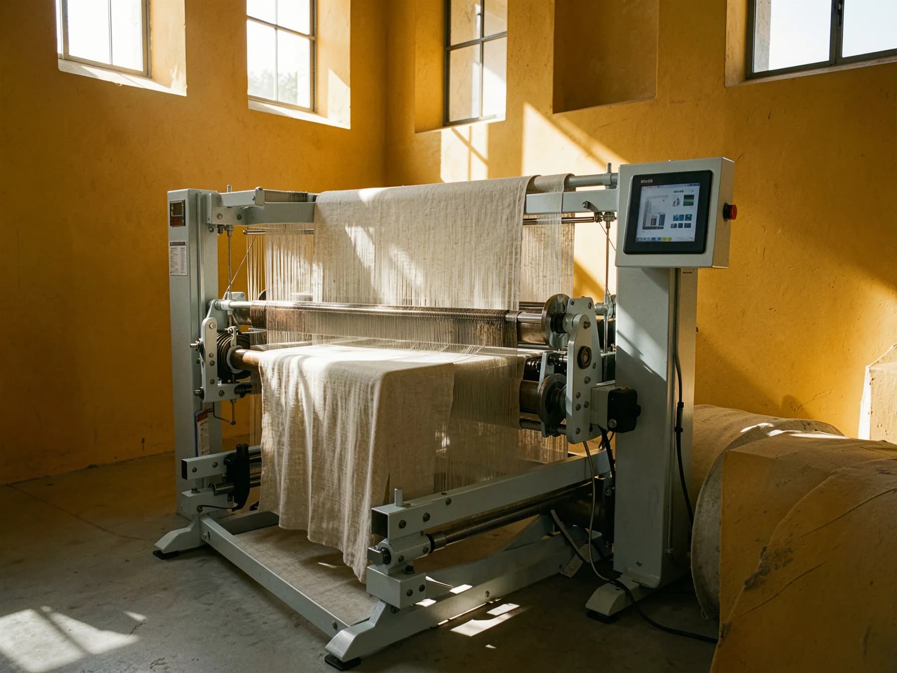 A modern loom weaving undyed linen in a mill with ochre walls