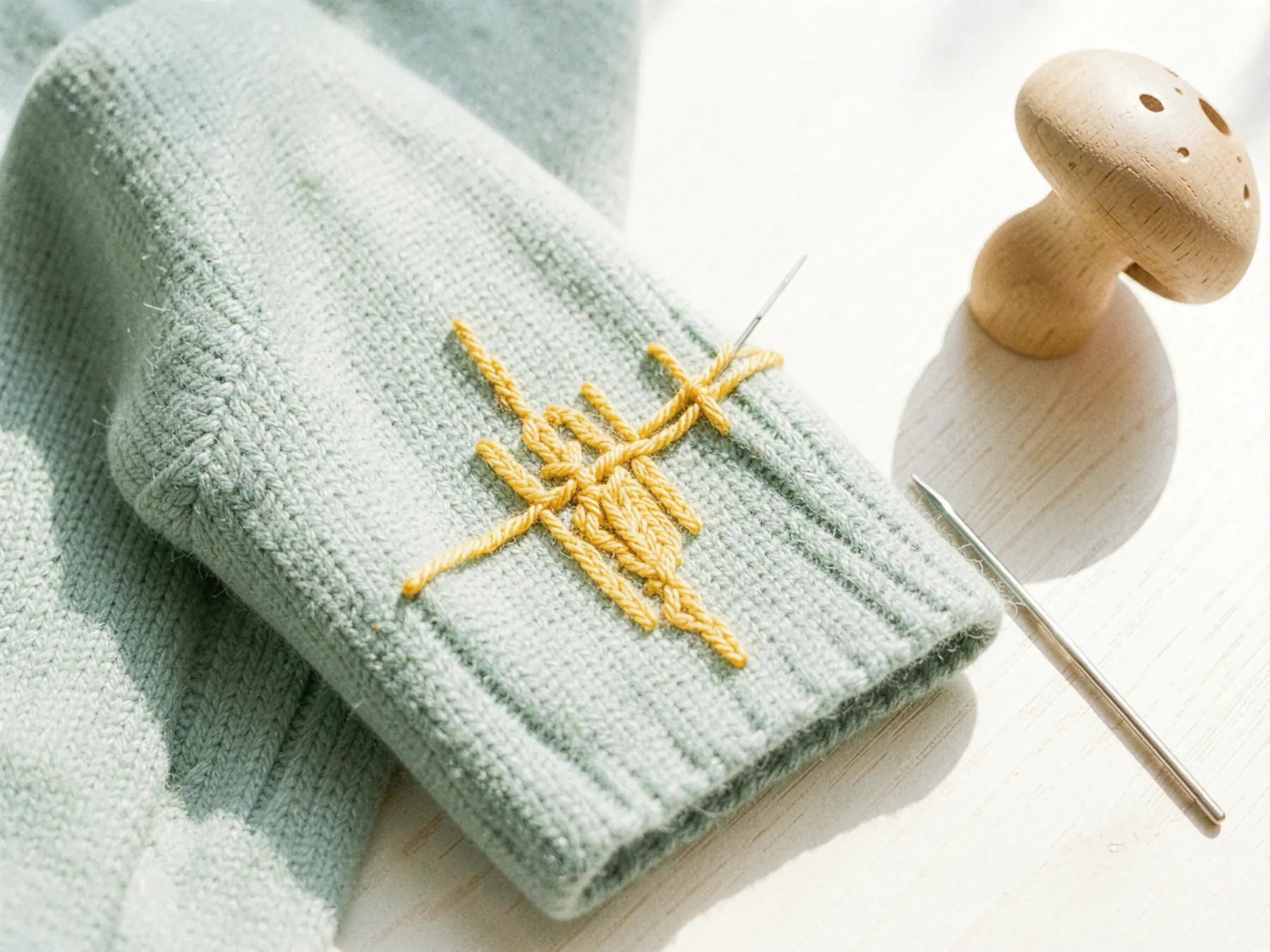 A woven darn in mustard yarn on the elbow of a sage green sweater