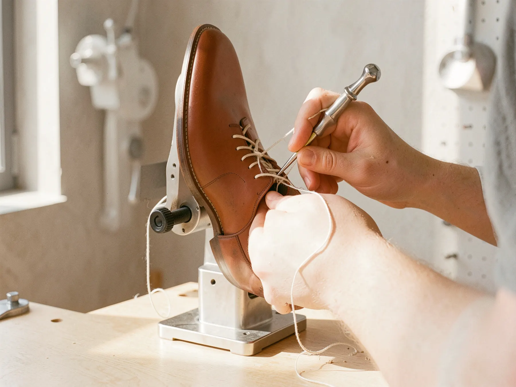 Hands stitching a cognac leather shoe held on a steel last with an awl and waxed thread