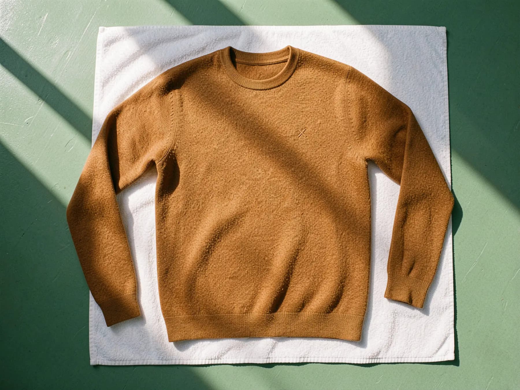 A camel merino sweater laid flat to dry on a white towel on a green table