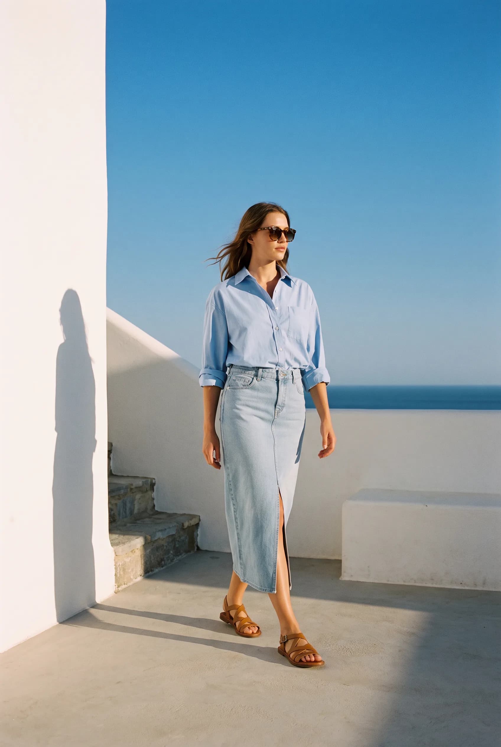 A woman in a light blue poplin shirt, a denim midi skirt, tan sandals, and tortoiseshell sunglasses, walking across a whitewashed terrace above the sea