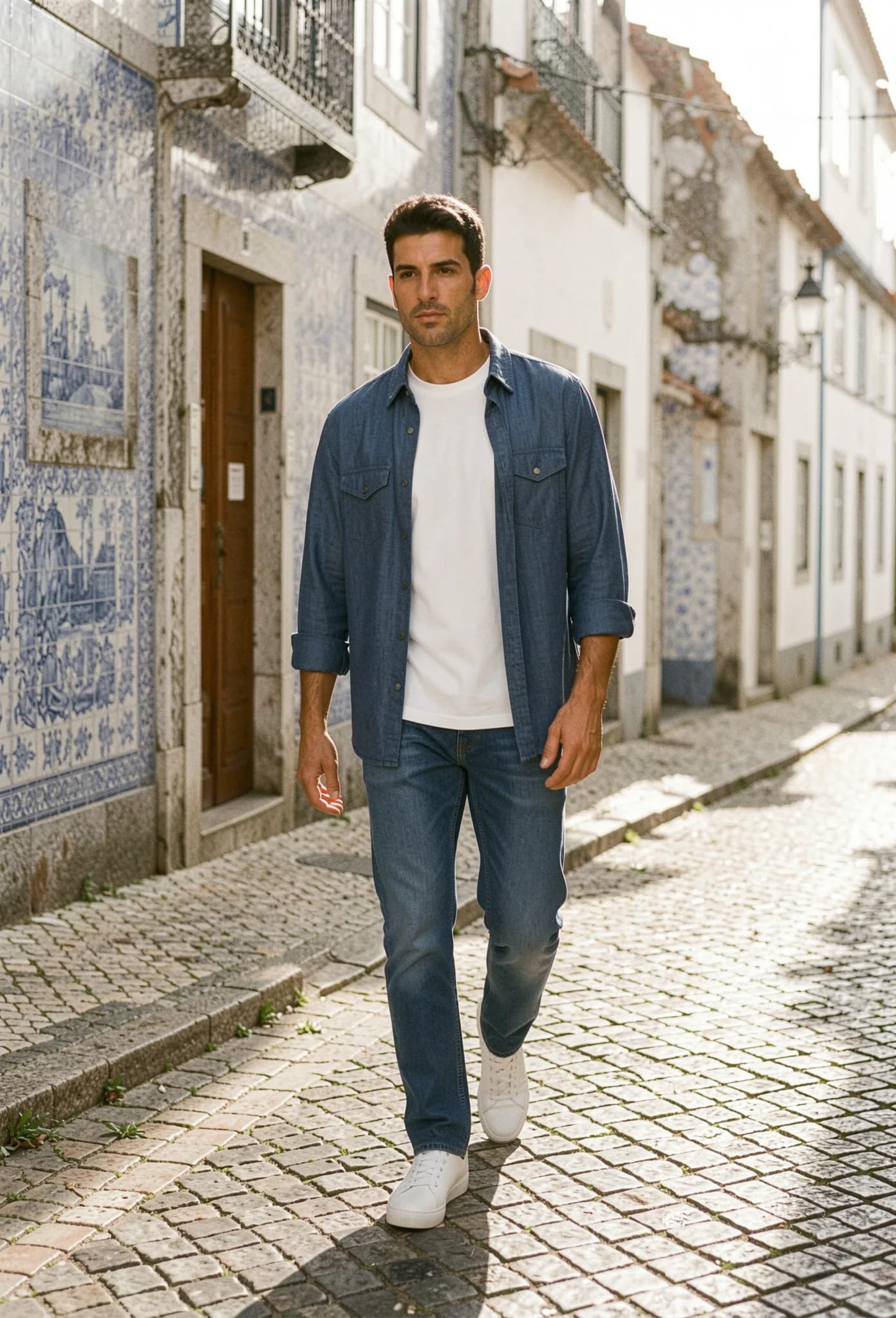 A man in an open indigo chambray shirt over a white tee, mid-wash jeans, and white leather sneakers, walking down a cobbled street lined with blue tiles