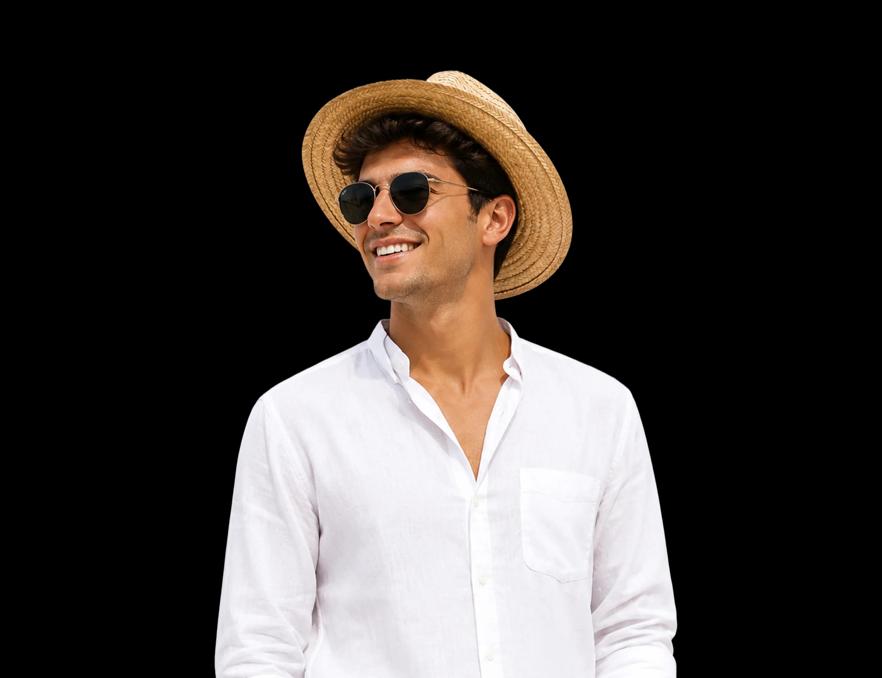 A man in a straw hat, sunglasses, and a white linen shirt, smiling off to one side