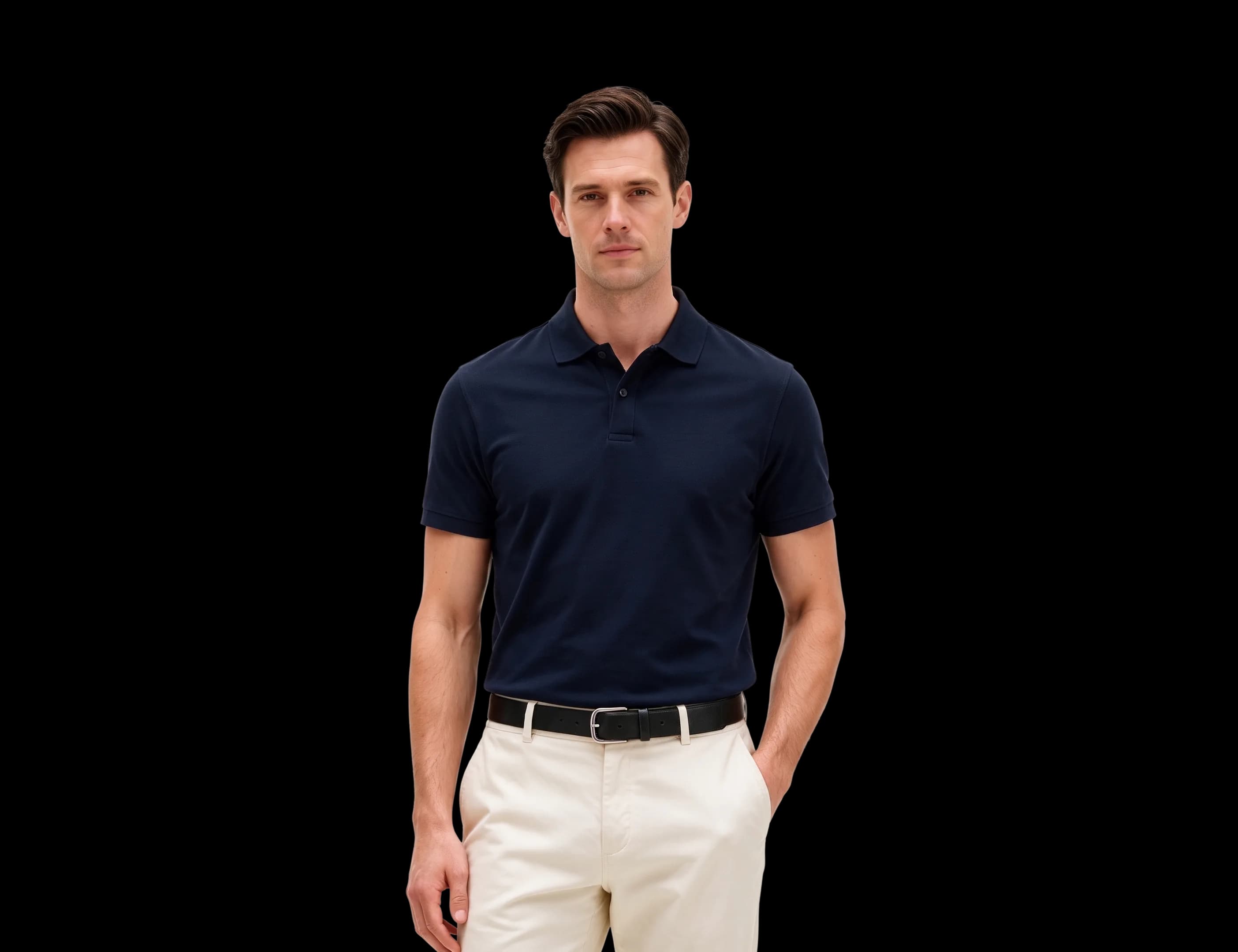 A man in a navy polo shirt and cream chinos, his hands in his pockets