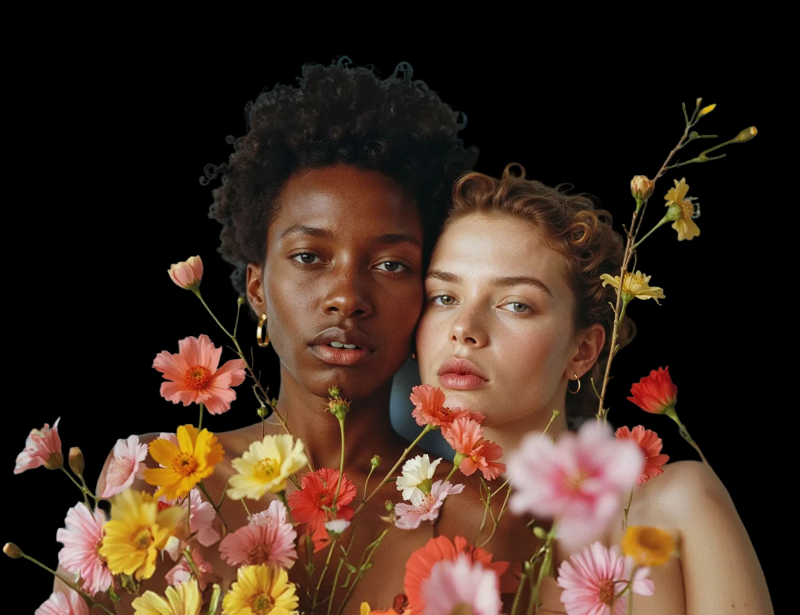 2 women cheek to cheek behind an armful of pink, yellow, and coral wildflowers
