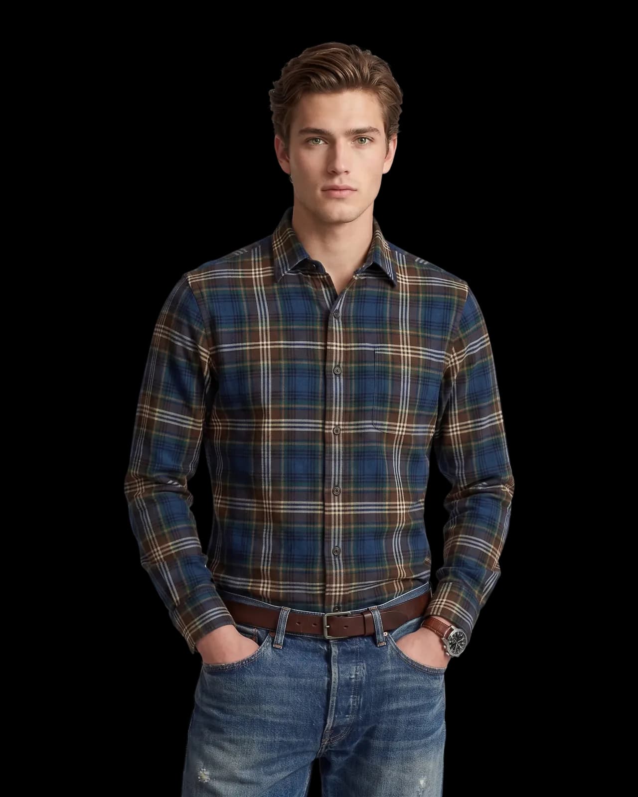 Brushed flannel check shirt, Blue Check