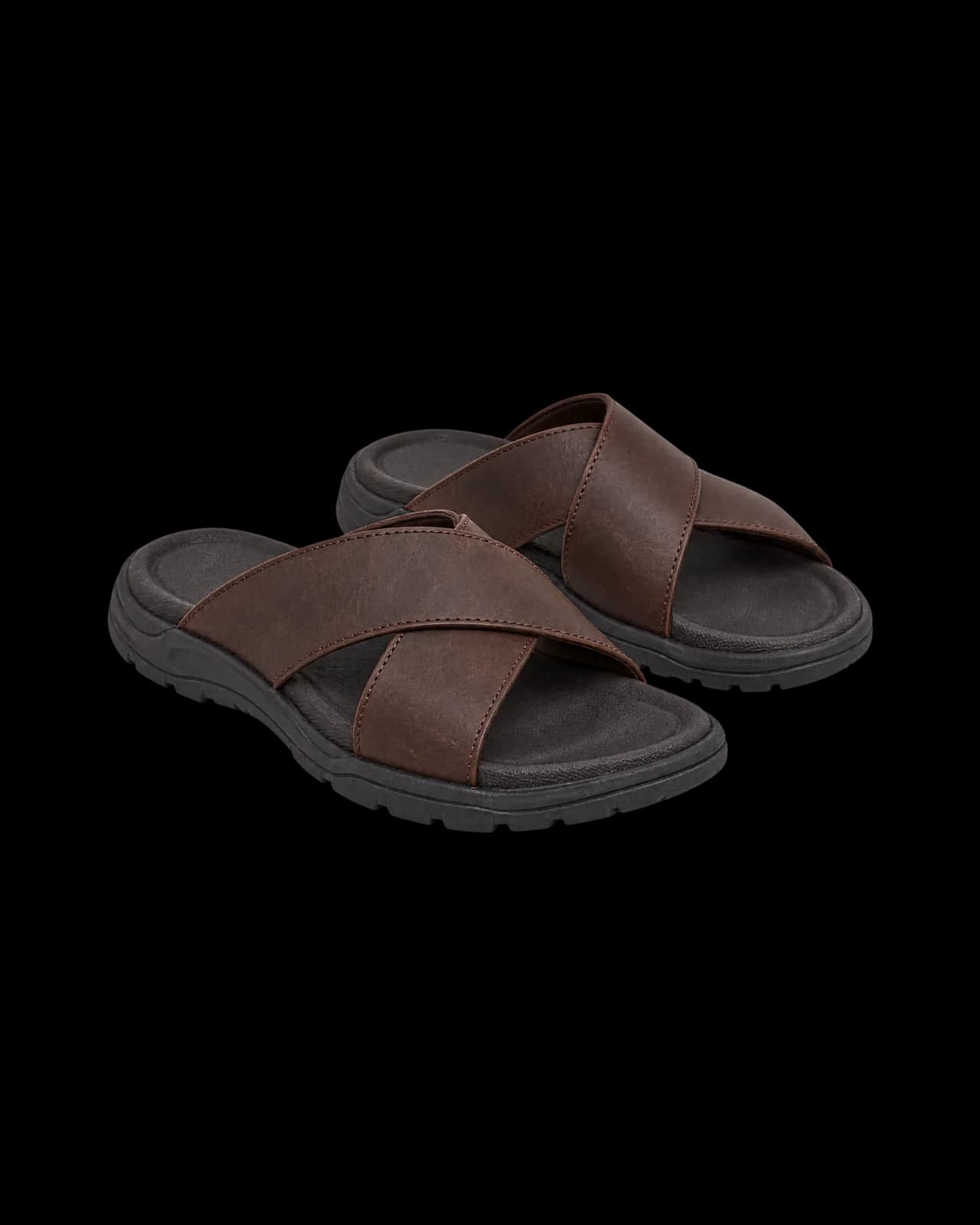 Cross-strap leather slides, Dark Brown