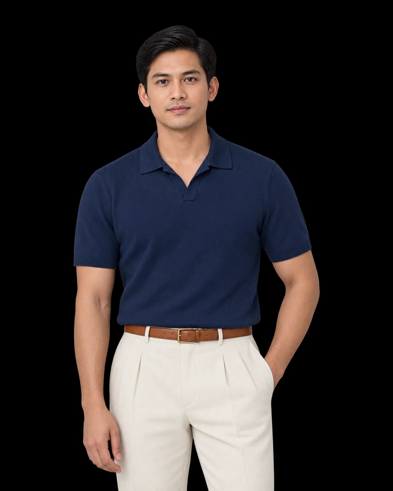 Open-collar knit polo, Navy