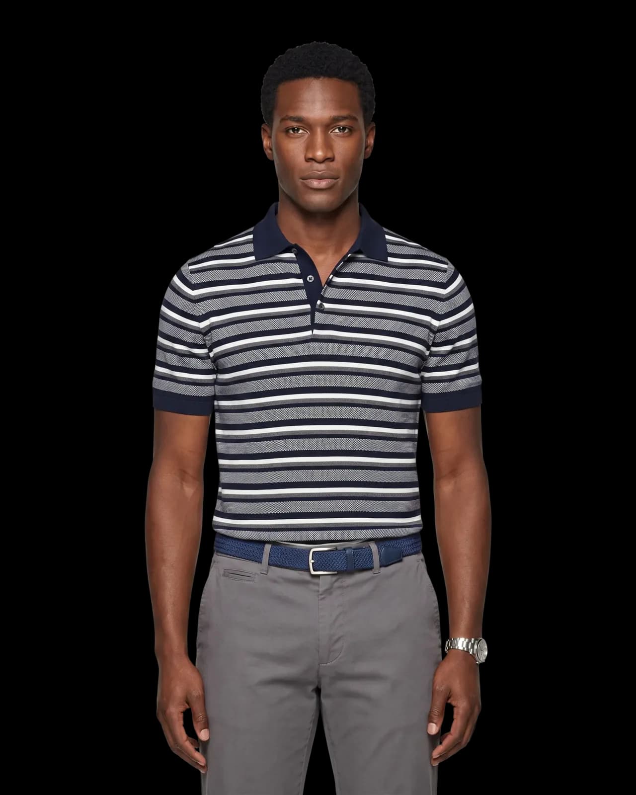 Striped knit polo, Navy Stripe