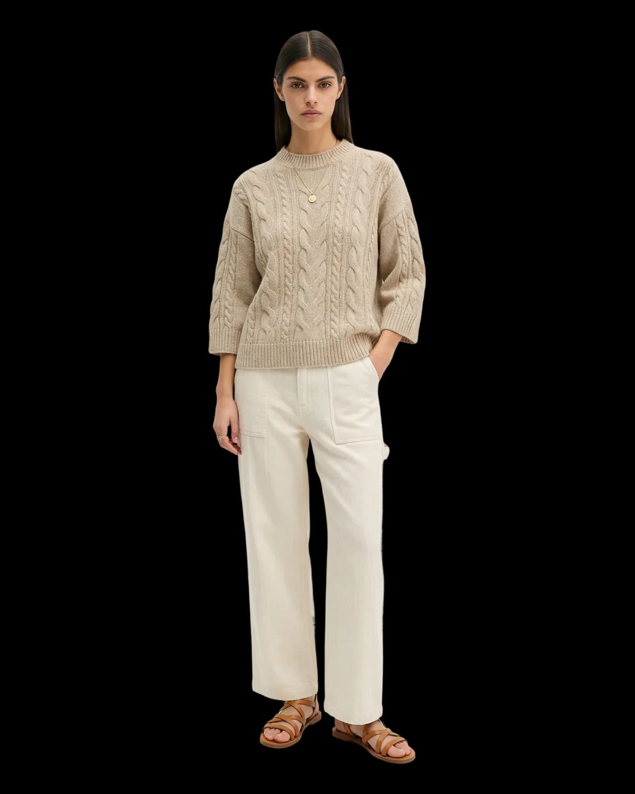 Bobble-knit elbow-sleeve sweater, Oat