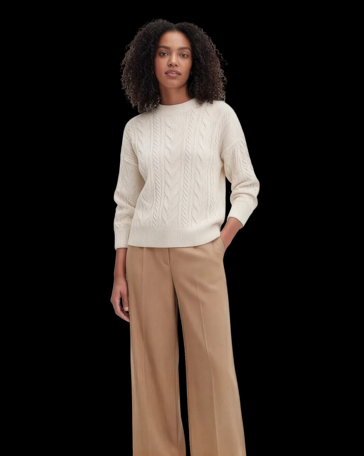Cable-knit crew sweater, Ecru