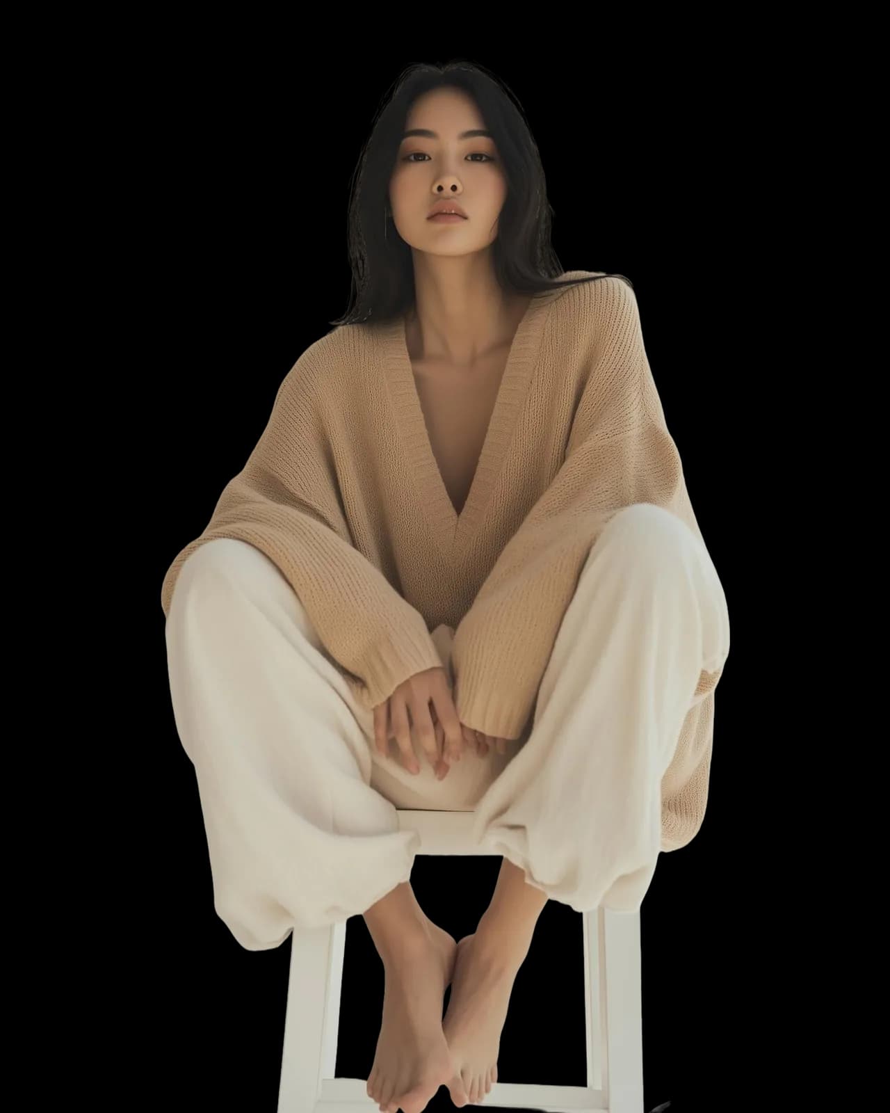 Loose cropped V-neck sweater, Camel