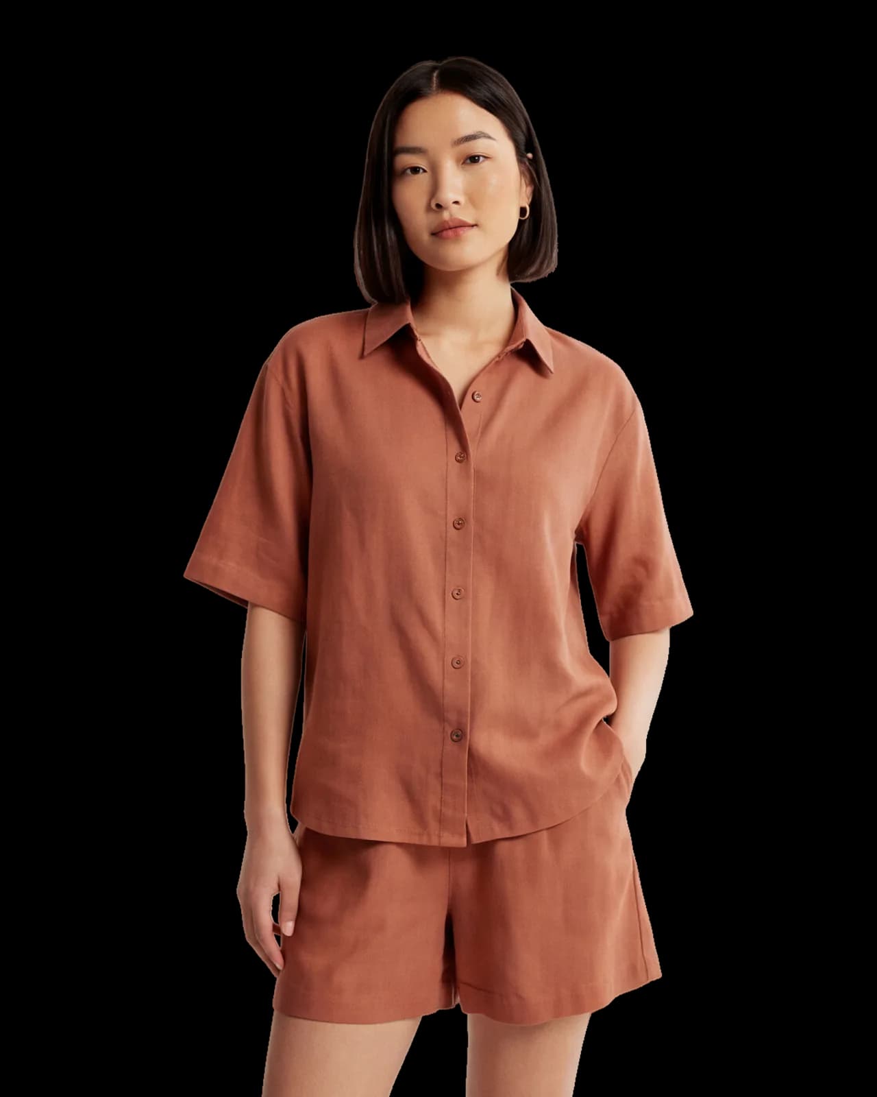 Linen camp-collar shirt, Terracotta