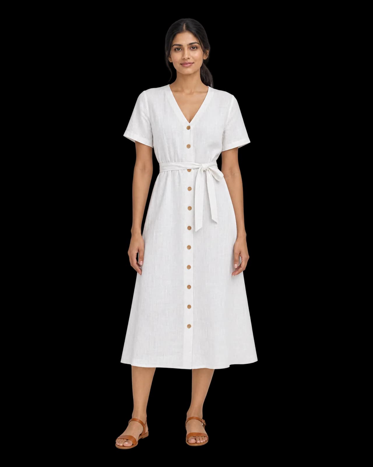 Linen button-front midi dress, White