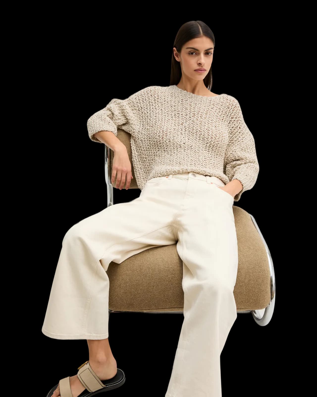 Open-knit boxy sweater, Oatmeal