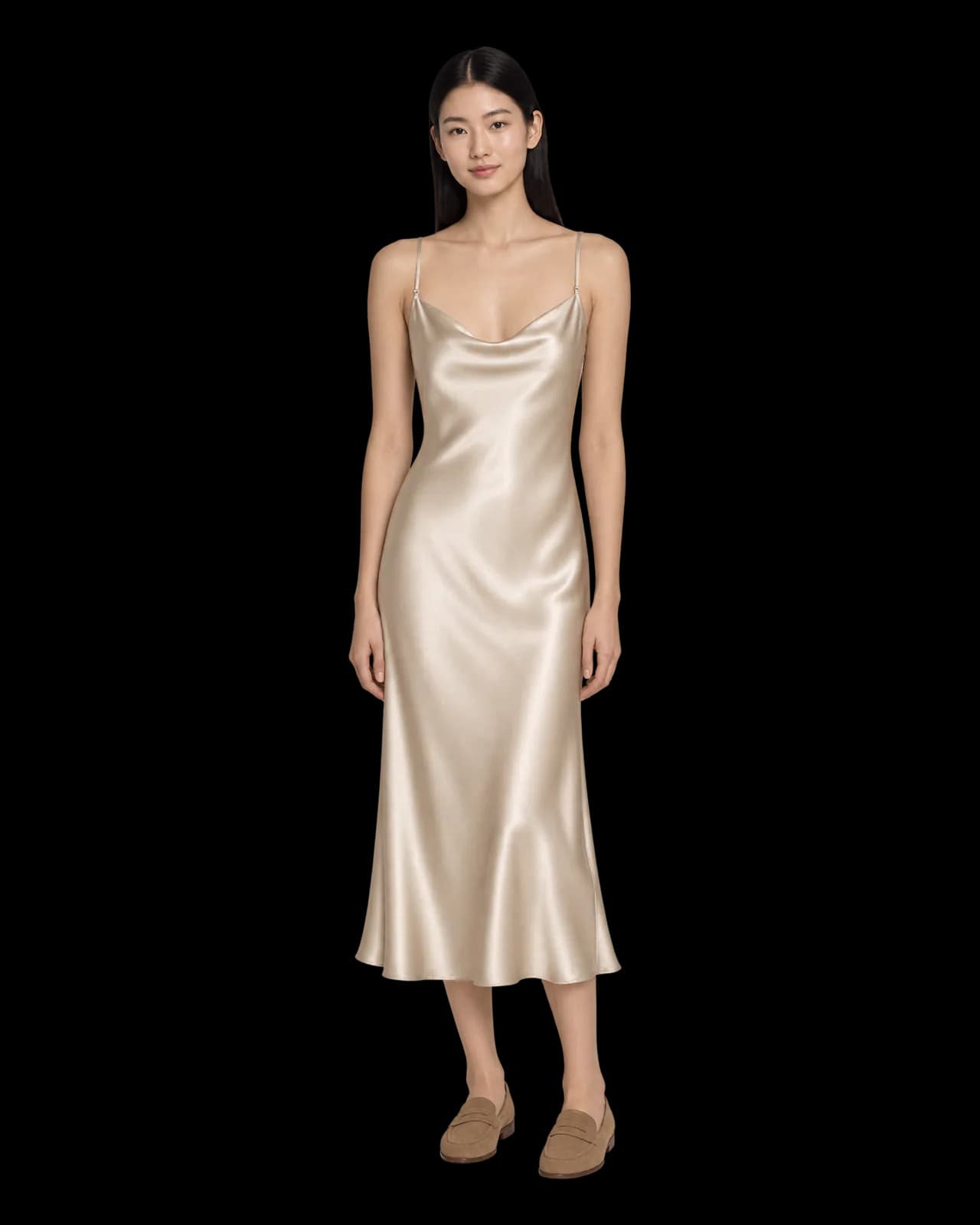Satin midi slip dress, Champagne