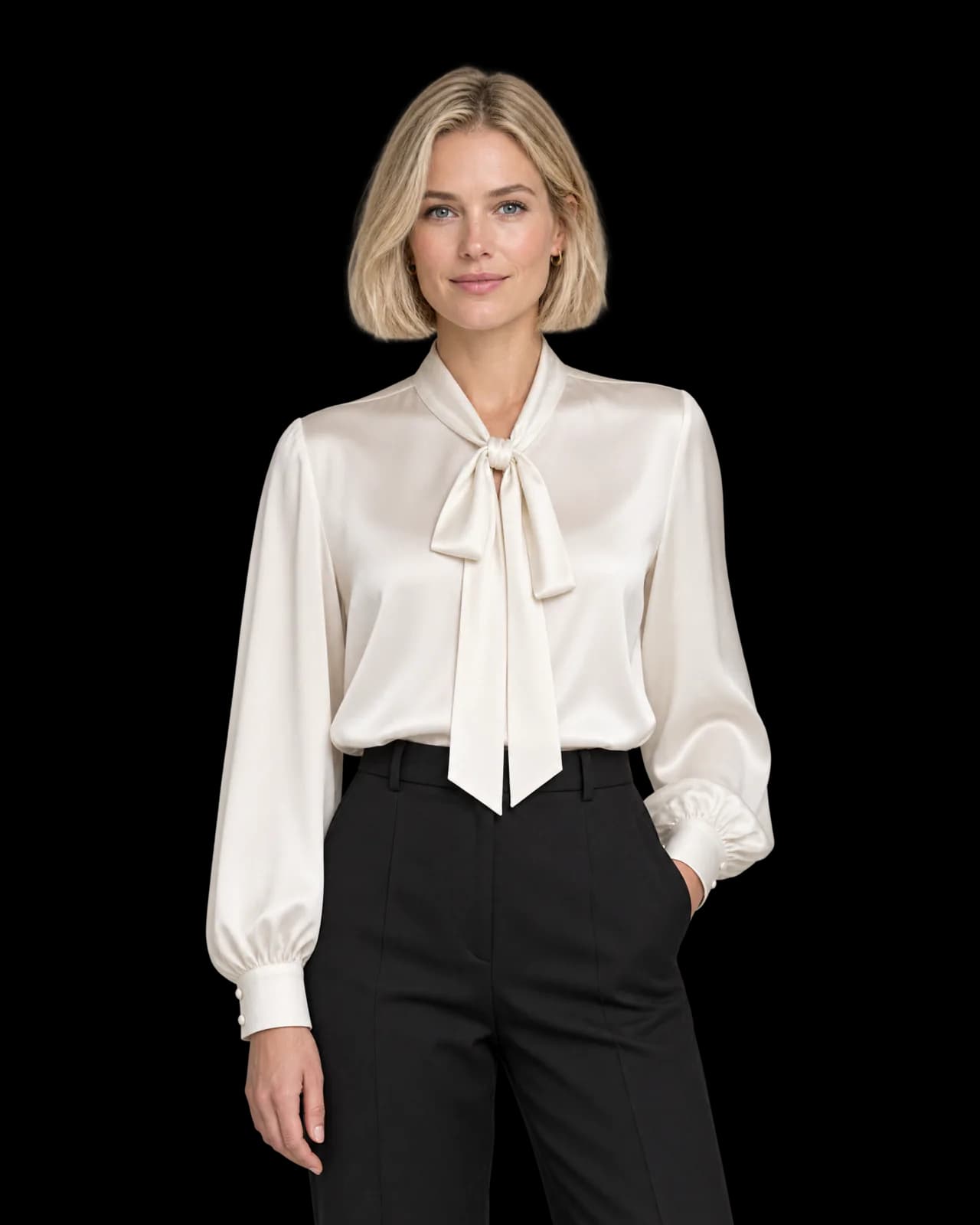 Silk-blend tie-neck blouse, Ivory