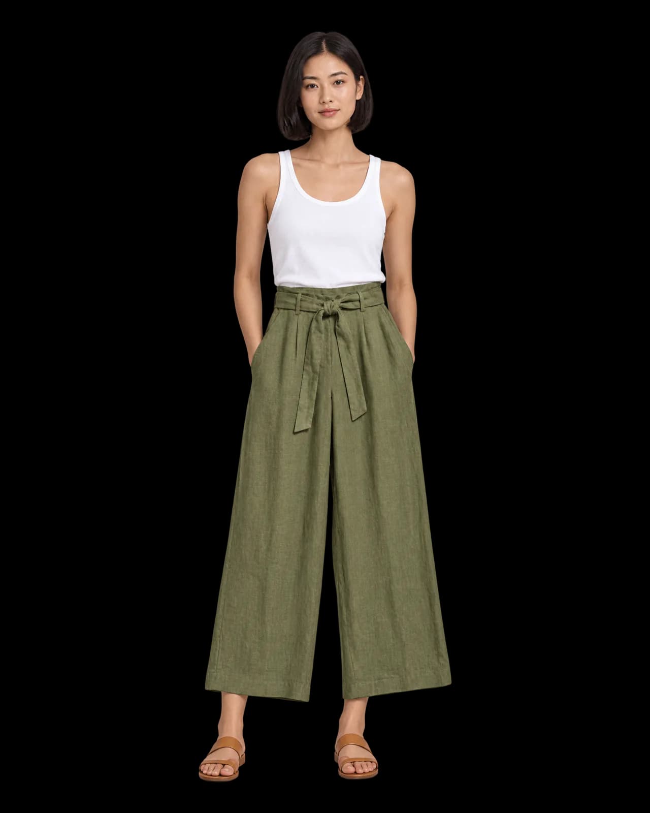 Tie-waist linen trousers, Olive