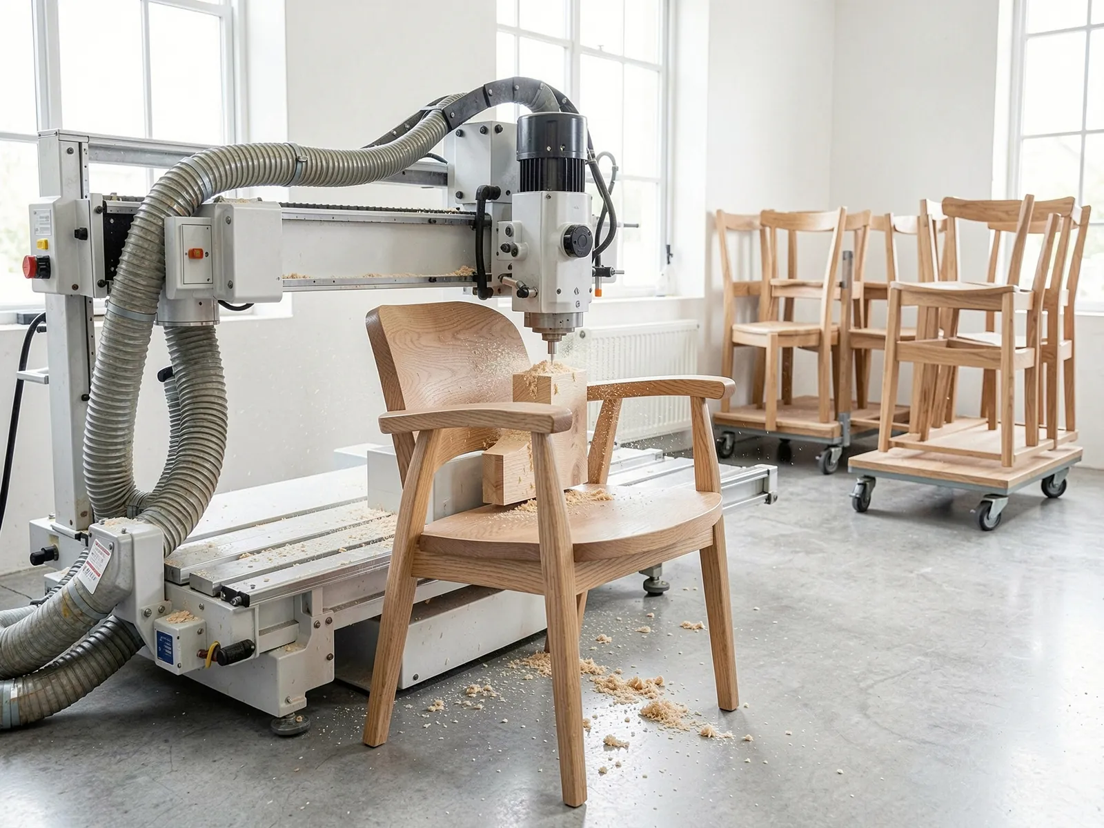 A CNC router cutting the curved armrest of a chair from a solid oak blank in a bright workshop