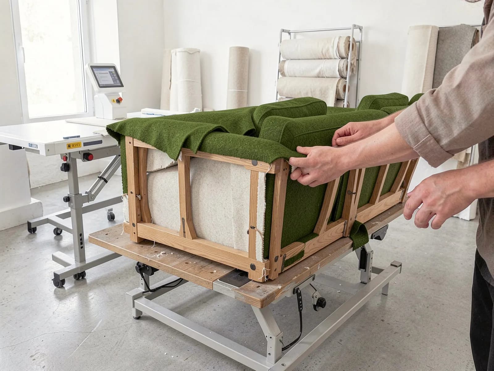 Hands fitting a moss green wool cover onto a sofa frame on a workbench, rolls of fabric behind