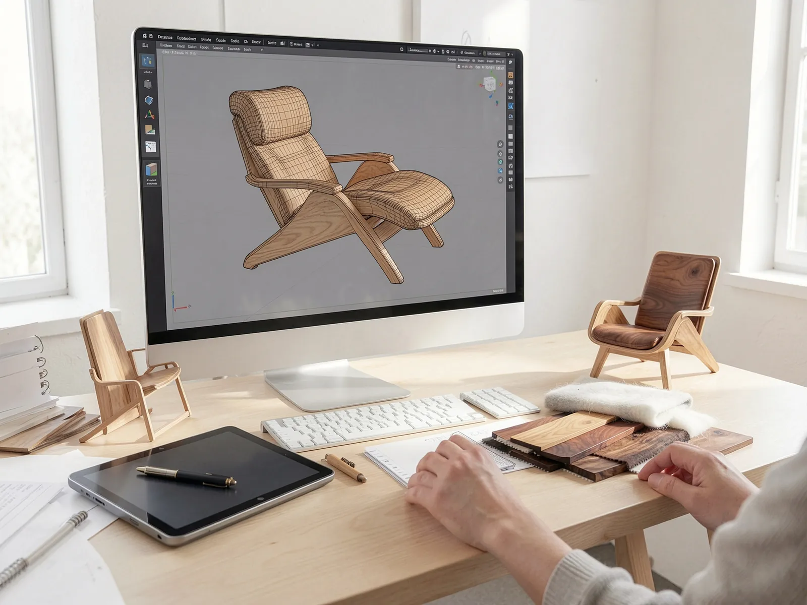 A designer’s desk with a 3D model of a lounge chair on the monitor, wood samples and fabric swatches beside the keyboard
