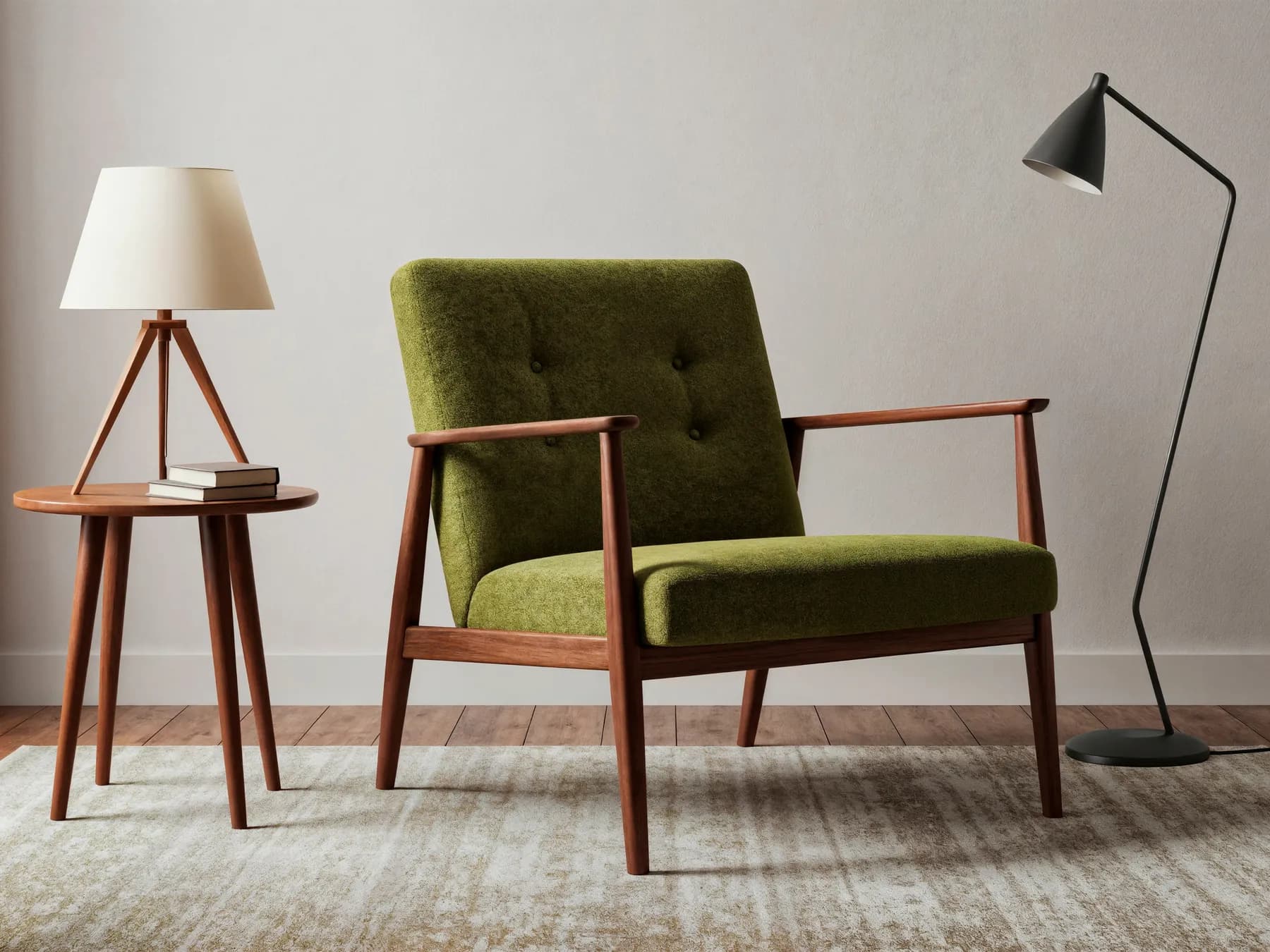 An olive wool armchair on a walnut frame between a tripod table lamp and a black floor lamp, against a plaster wall