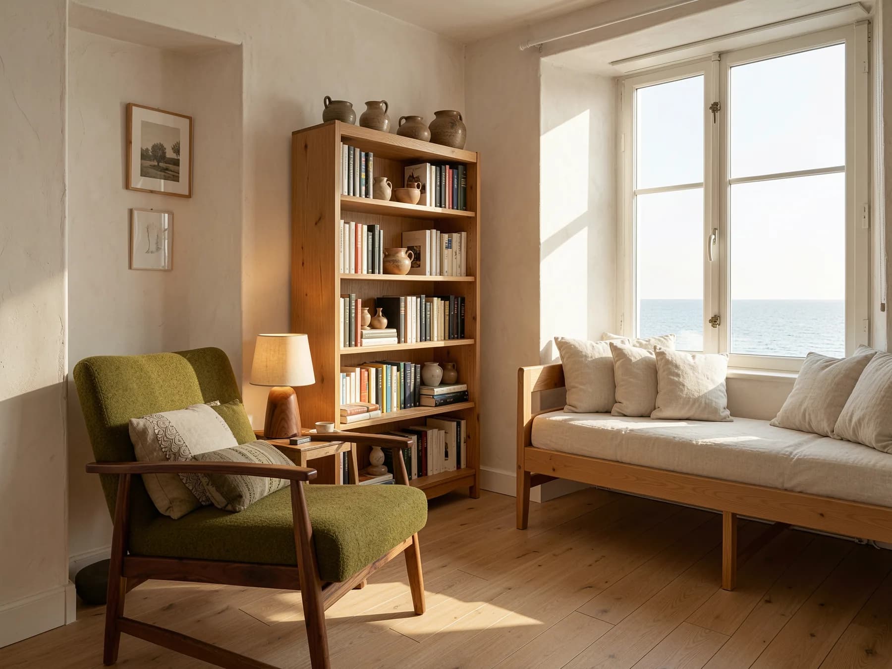 A living room by the sea in morning light: an olive wool armchair on a walnut frame, a tall oak bookcase, and an oak daybed under the window