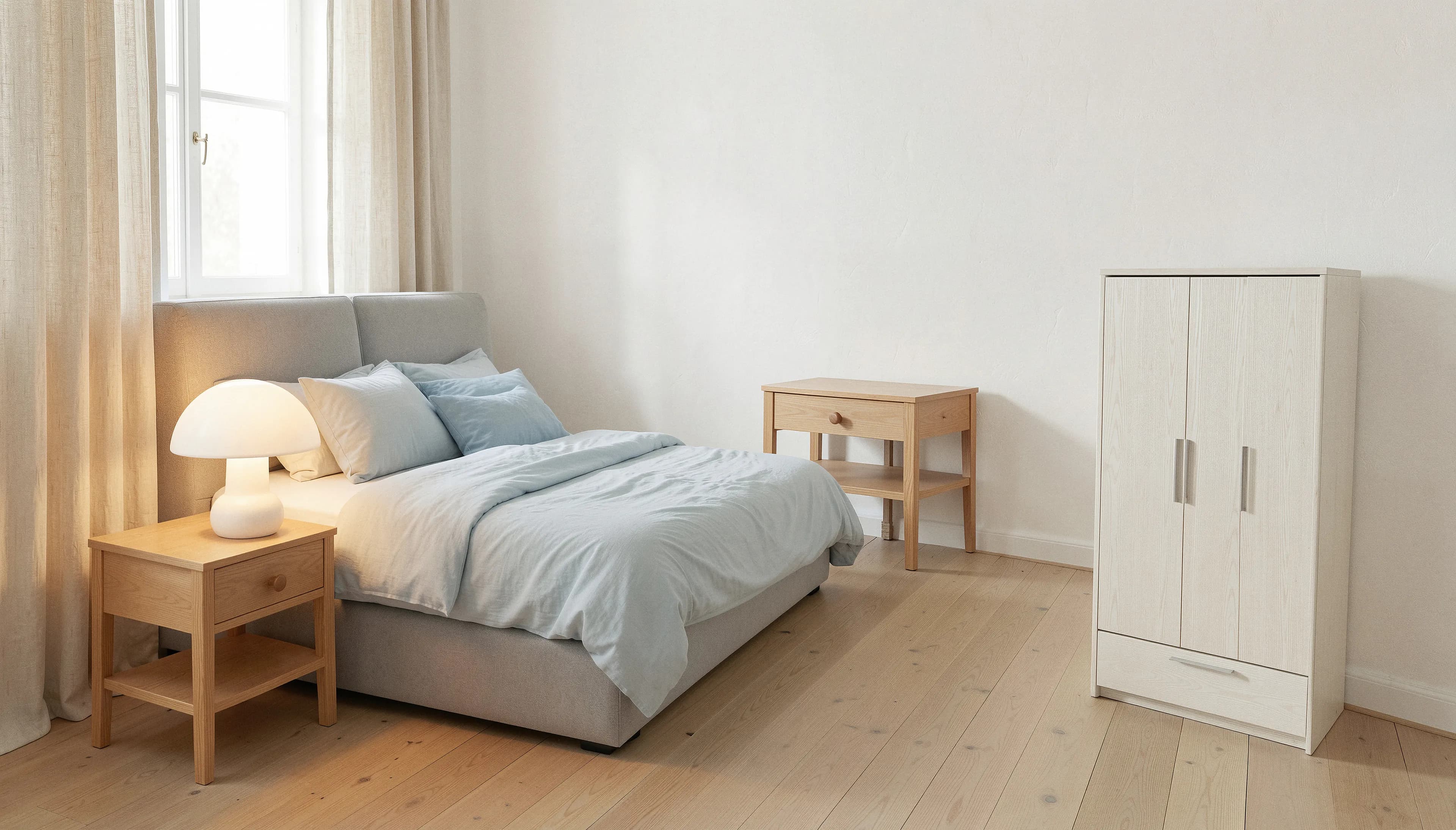 A low gray platform bed in pale blue linen between 2 oak bedside tables, a stoneware lamp lit on one, and a white oak wardrobe by the wall
