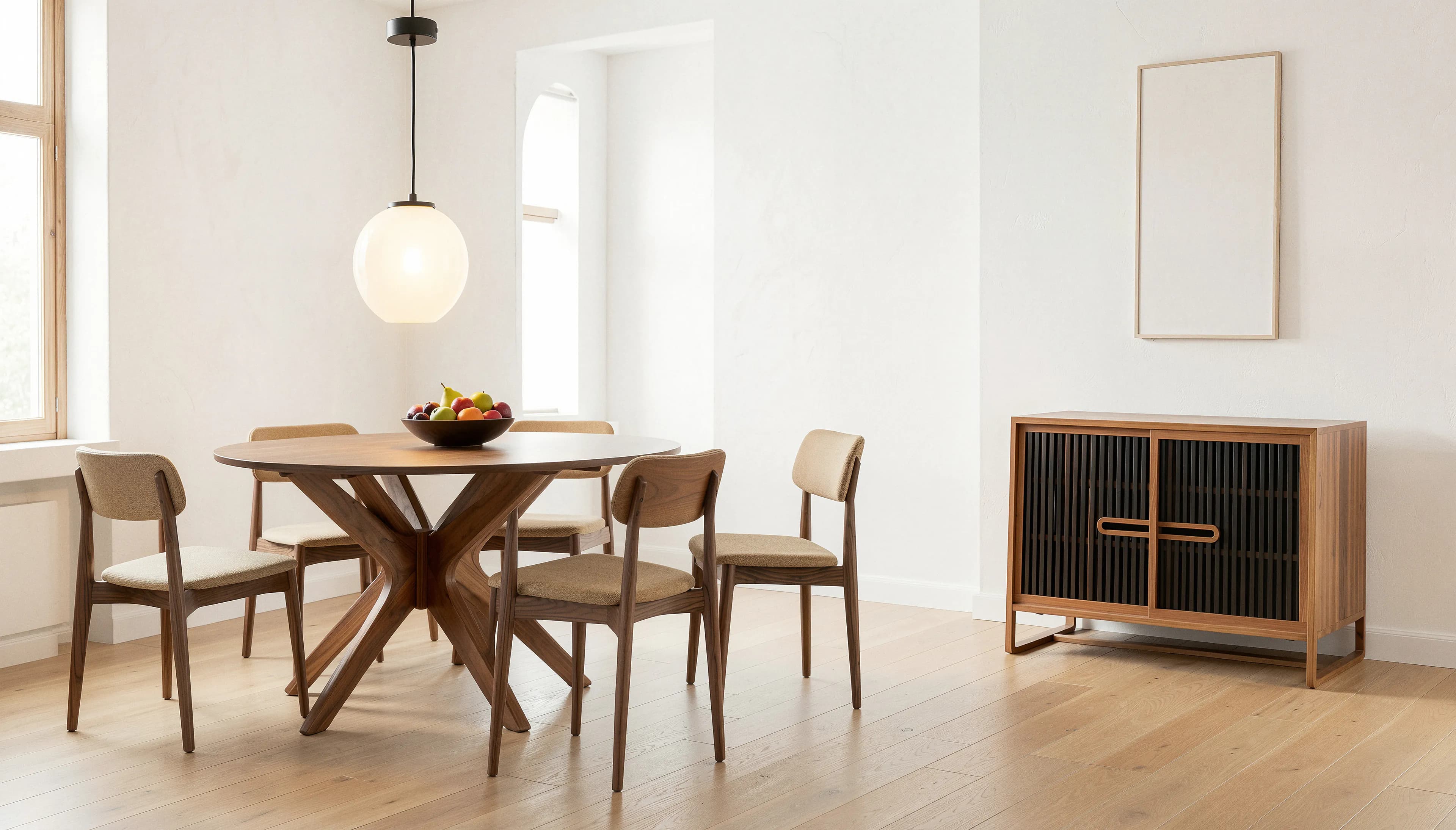 A round walnut dining table and chairs under an opal glass pendant, with a teak sideboard behind slatted doors along the wall