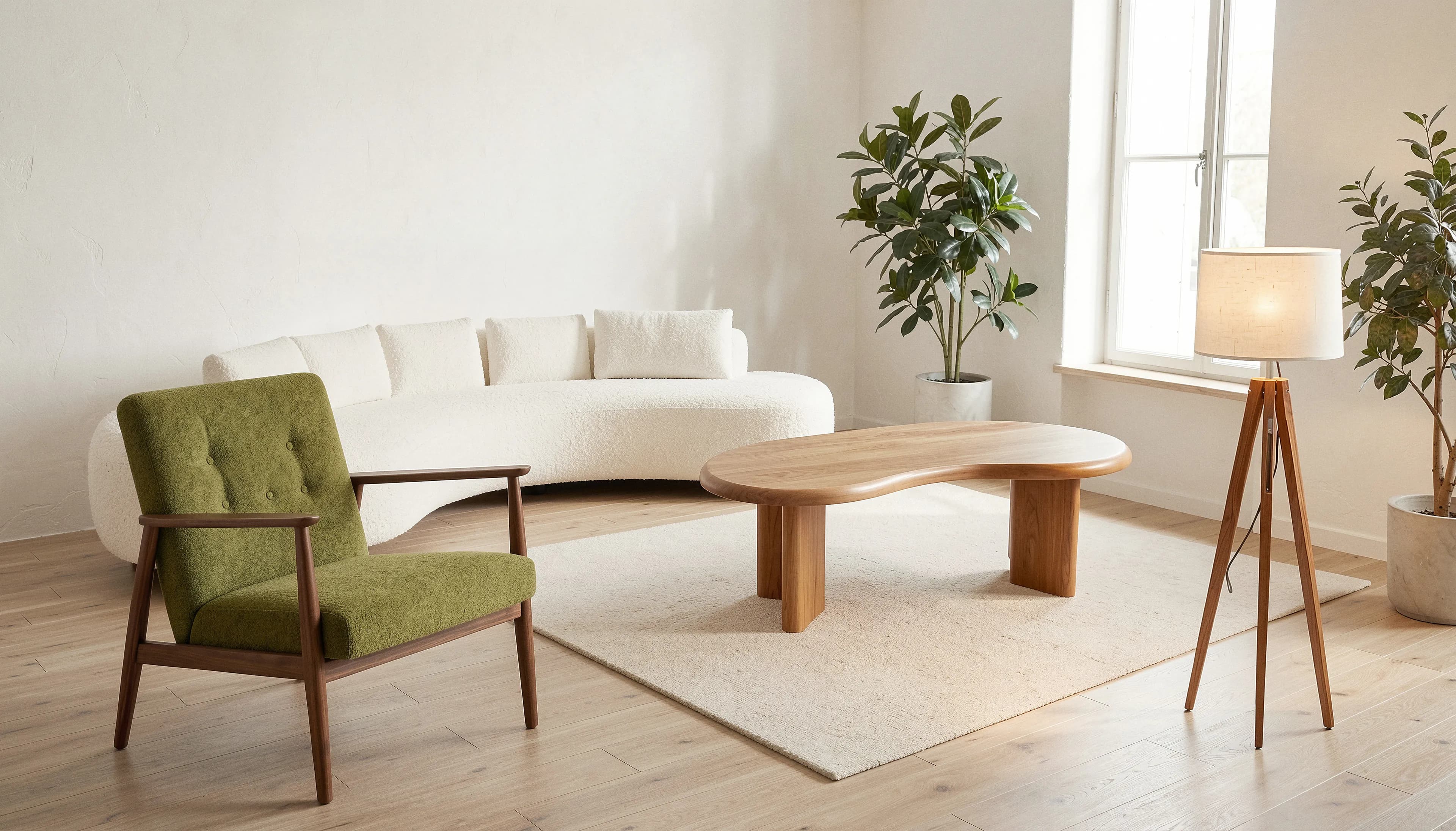 A curved ivory sofa, an olive armchair, and a kidney-shaped oak coffee table on a wool rug, with a tripod floor lamp lit beside the window