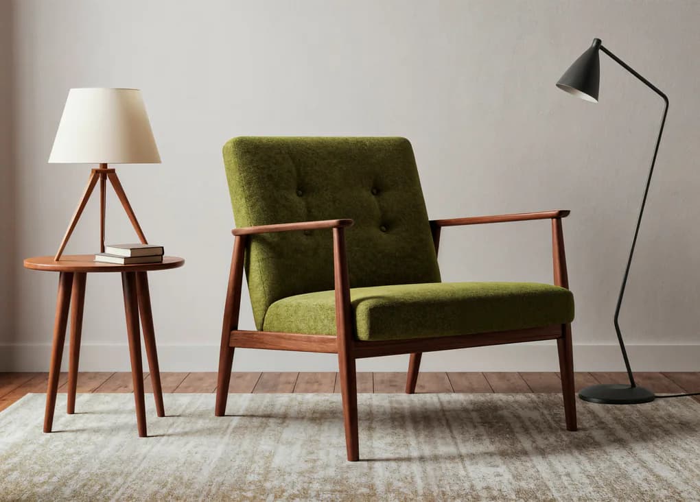 An olive wool armchair beside a tripod table lamp, half of the room still a drawing