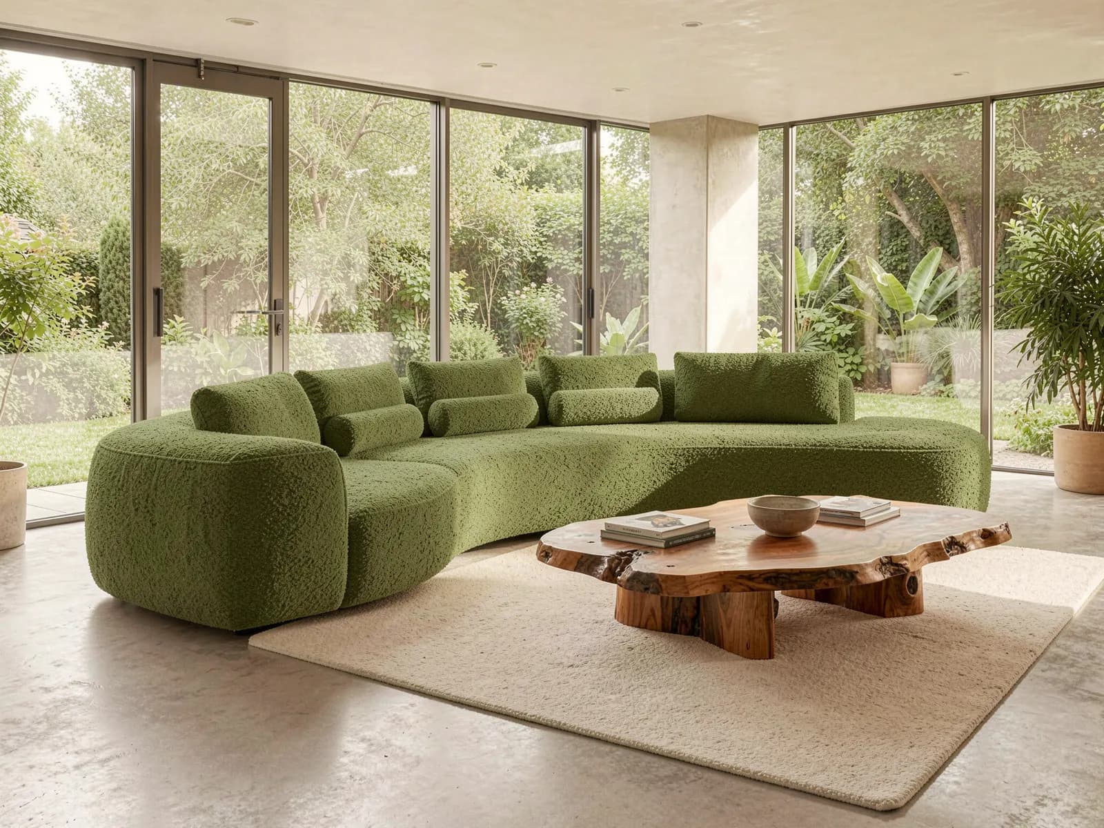 The Halo curved sofa in Moss green boucle on a cream rug, before a wall of glass onto a garden