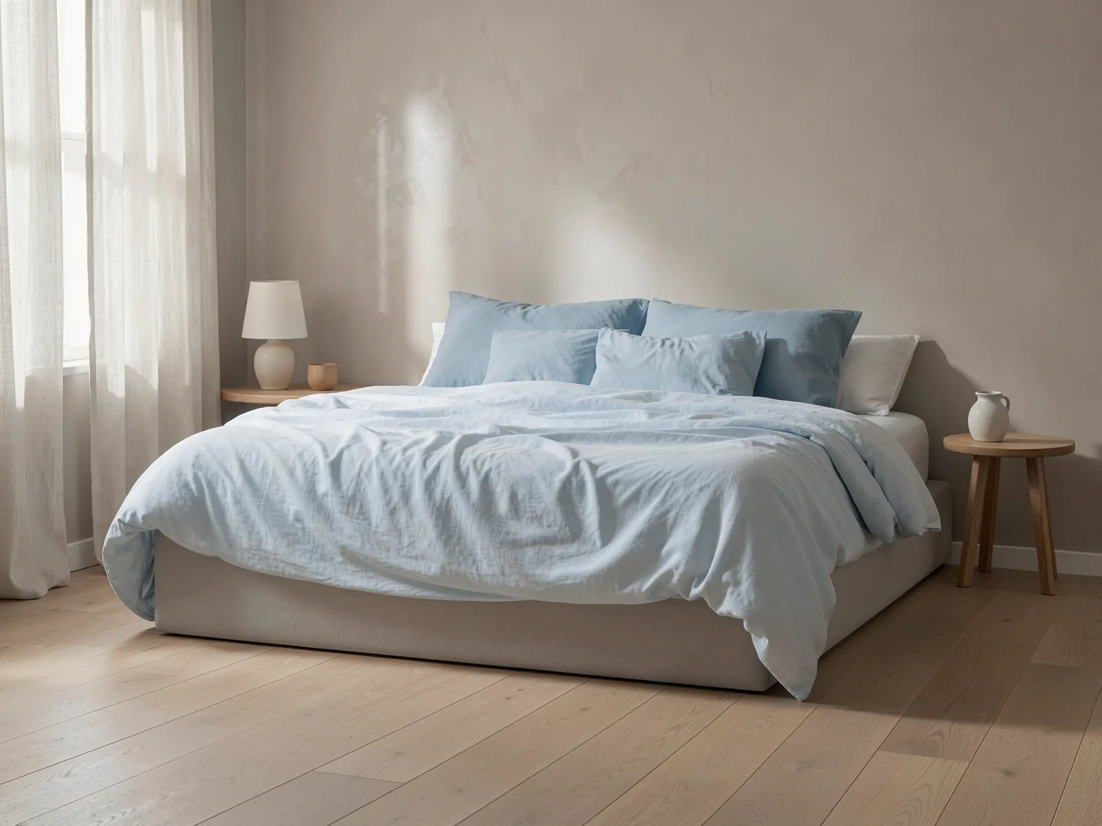 The Haven platform bed in Fog in a sunlit room, made up in white cotton