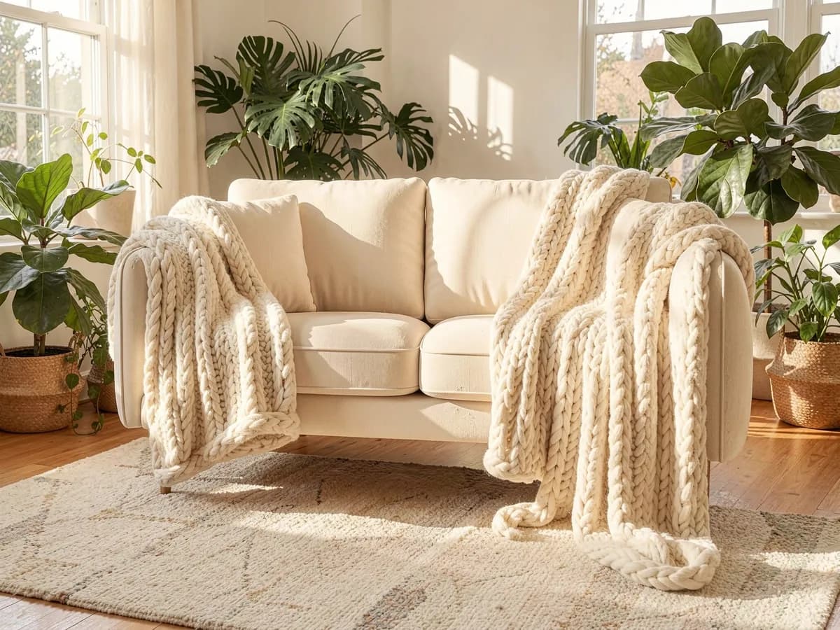 A cream sofa with a chunky knitted throw, surrounded by houseplants in a bright room
