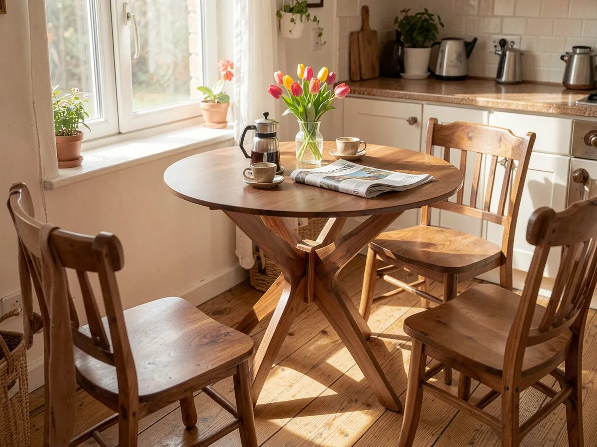 A walnut dining table set for breakfast by a window, with a vase of tulips, in a customer’s kitchen