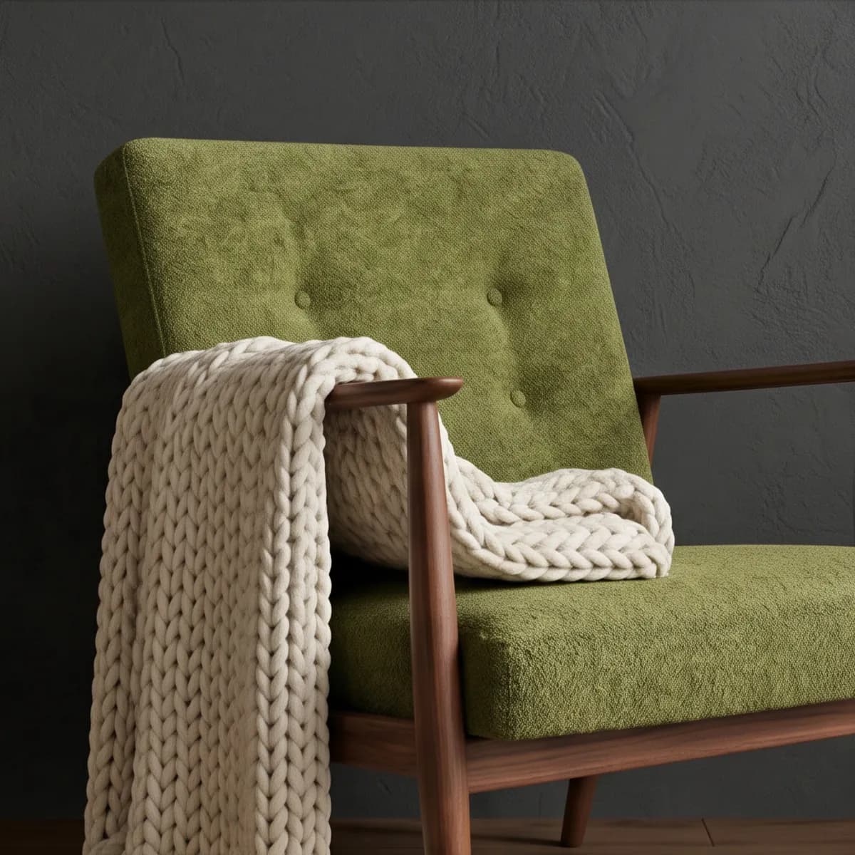 The Olsen armchair in Olive wool with a knitted throw over its arm
