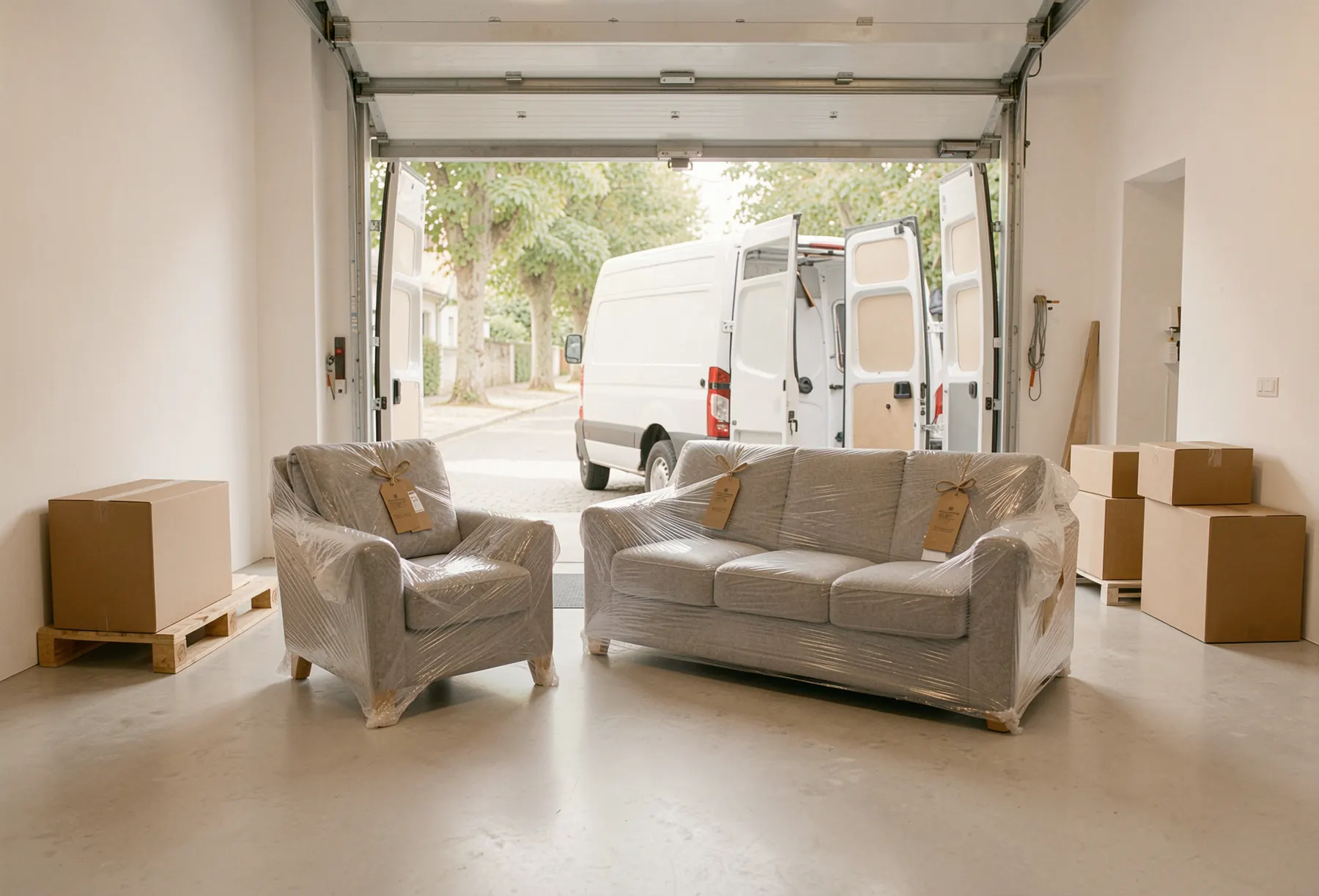 An armchair and a sofa wrapped for delivery in the dispatch bay, a van loading at the open door